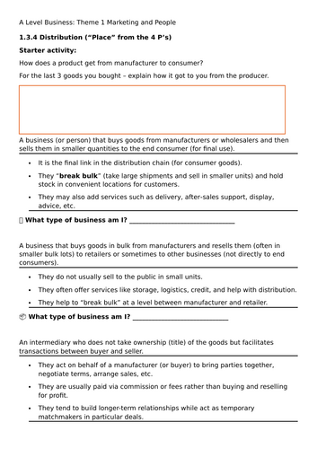 A level Business Theme 1: 1.3.4 Distribution
