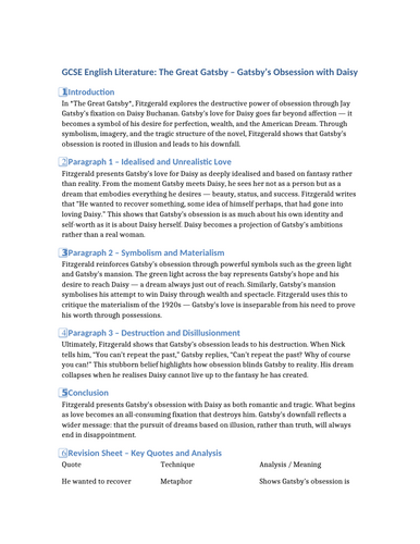GCSE English Literature: The Great Gatsby – Gatsby’s Obsession with Daisy - essay plan