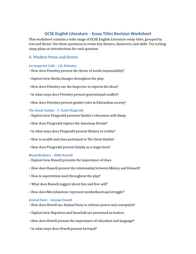 GCSE English Essay Titles Revision Worksheet