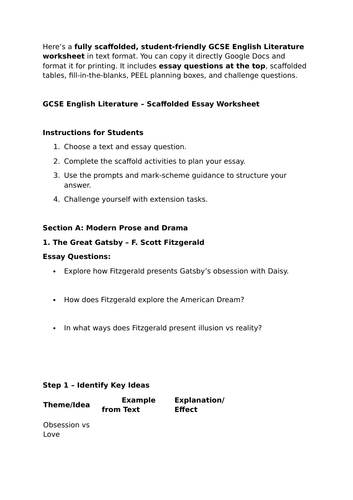 Student-friendly GCSE English Literature worksheet