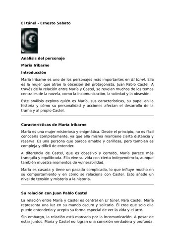 El túnel by Ernesto Sabato – Character Analysis – María Iribarne
