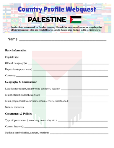 Country Profiles: Palestine Webquest Worksheet