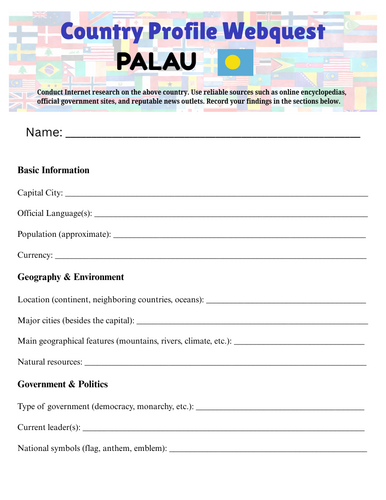 Country Profiles: Palau Webquest Worksheet