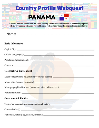 Country Profiles: Panama Webquest Worksheet