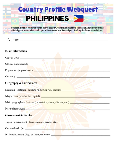 Country Profiles: Philippines Webquest Worksheet