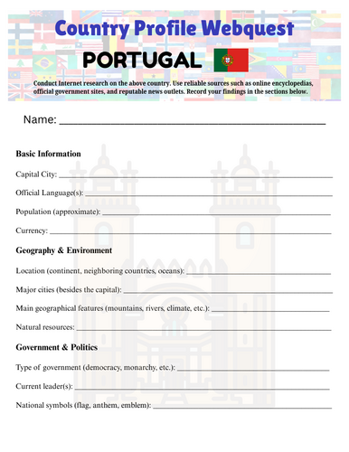 Country Profiles: Portugal Webquest Worksheet