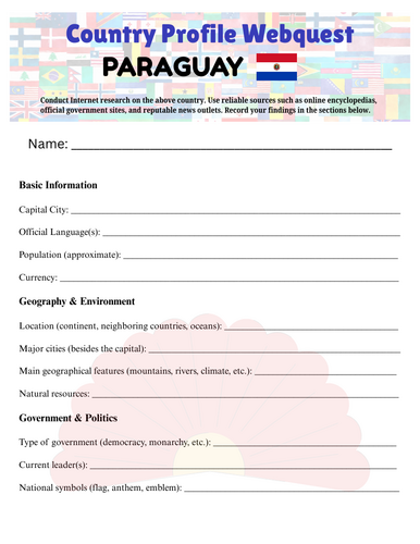 Country Profiles: Paraguay Webquest Worksheet