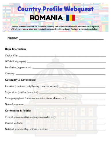 Country Profiles: Romania Webquest Worksheet