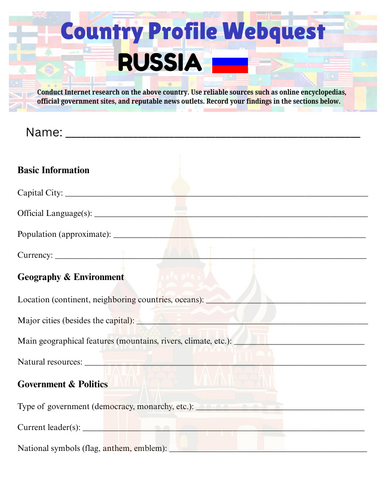 Country Profiles: Russia Webquest Worksheet