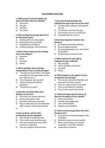 Animal Farm - Class Multiple Choice Quiz