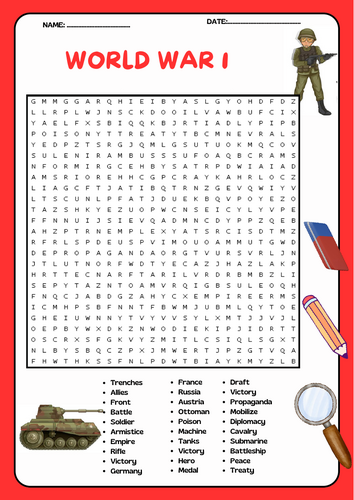 World War I Word Search Puzzle Worksheet Activity