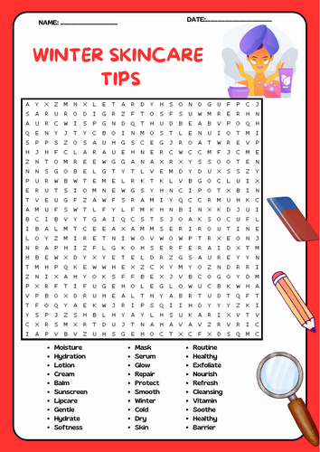 Winter Skincare Tips Word Search Puzzle Worksheet Activity