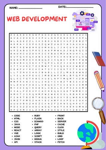 Web Development Word Search Puzzle Worksheet Activity