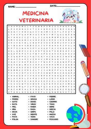 Hoja de Actividad: Sopa de Letras sobre Medicina Veterinaria