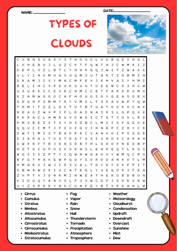 Types of Clouds Word Search Puzzle Worksheet Activity