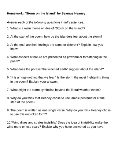 "Storm on the Island" Seamus Heaney 10 questions cover hw revision