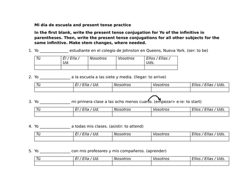 Mi día de escuela and present tense practice