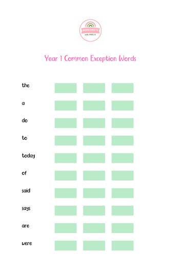 Year 1 common exception word practise sheets