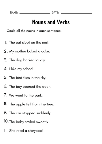 Nouns and Verbs - Nouns and Verbs Grammar Worksheets