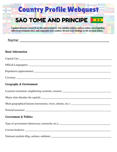 Country Profiles: São Tomé and Príncipe Webquest Worksheet