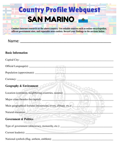 Country Profiles: San Marino Webquest Worksheet