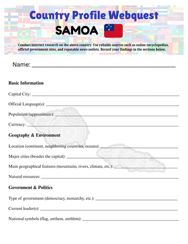 Country Profiles: Samoa Webquest Worksheet