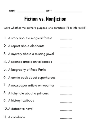 Fiction vs. Nonfiction Reading and Writing Worksheets
