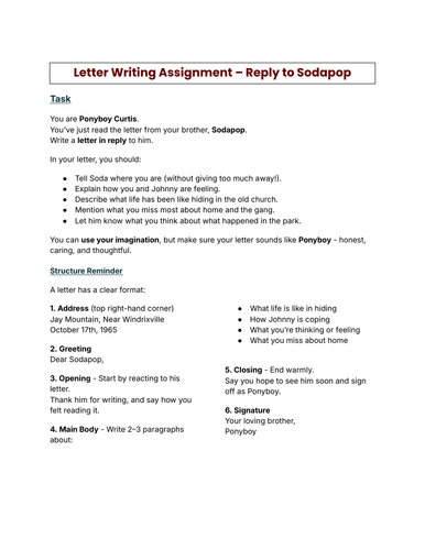Letter Writing Assignment - Reply to Sodapop (The Outsiders)
