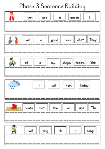 Phase 3 Phonics Sentence Building Worksheets