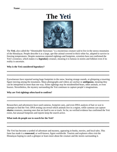 The Yeti "Chunked" Reading Comprehension Assignment (Special Education)