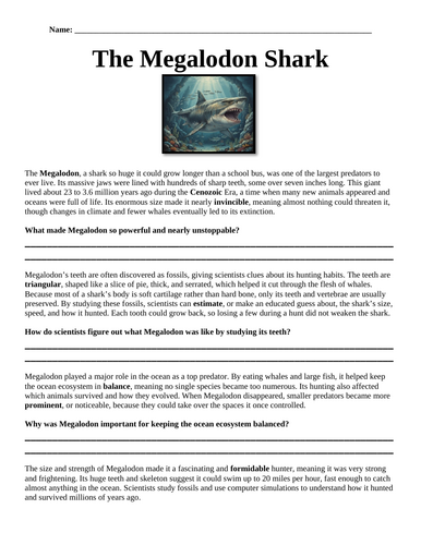 Megalodon Shark "Chunked" reading Comprehension Assignment (Special Education)