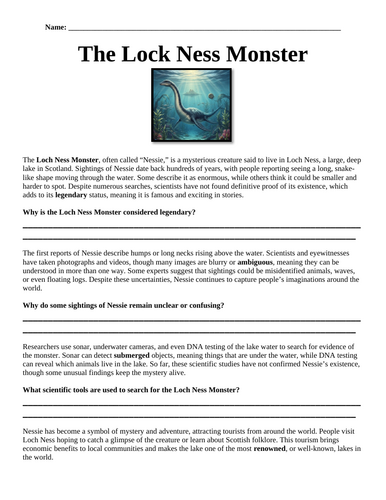 Lock Ness Monster "Chunked" Reading Comprehension Assignment (Special Education)