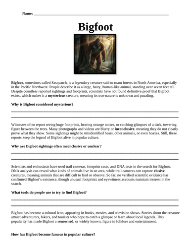 Bigfoot "Chunked" Reading Comprehension Assignment (Special Educaion)