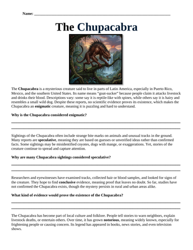 Chupacabra "Chunked" Reading Comprehension Assignment (Special Education)