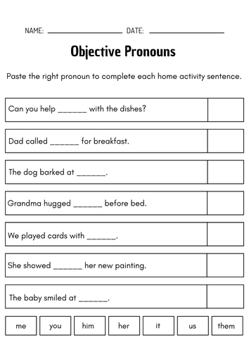 Objective Pronouns Cut and Paste Grammar Activity