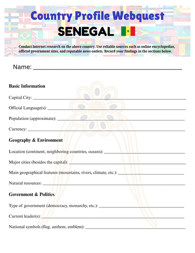 Country Profiles: Senegal Webquest Worksheet