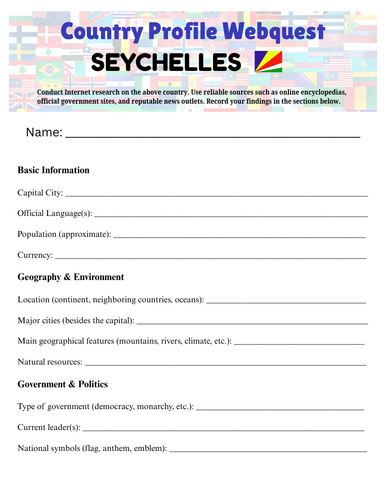 Country Profiles: Seychelles Webquest Worksheet