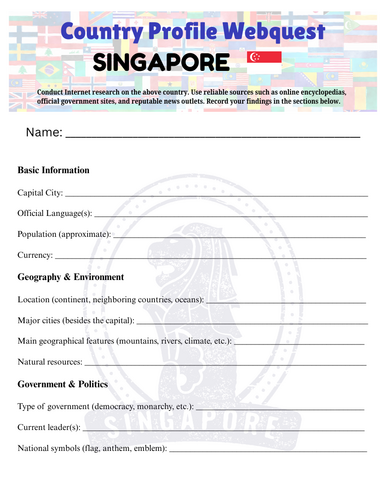 Country Profiles: Singapore Webquest Worksheet