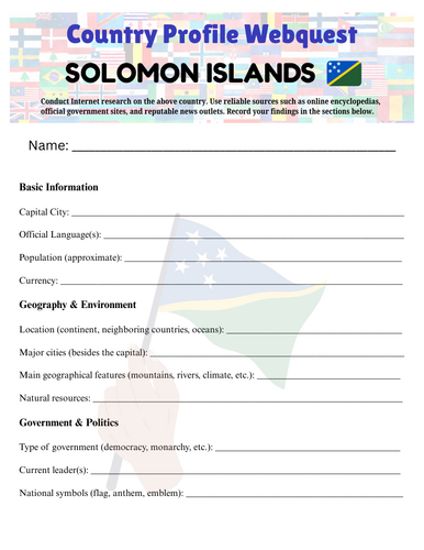 Country Profiles: Solomon Islands Webquest Worksheet