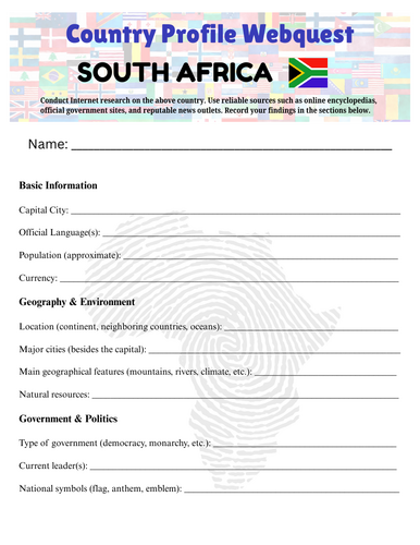 Country Profiles: South Africa Webquest Worksheet