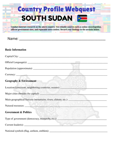 Country Profiles: South Sudan Webquest Worksheet
