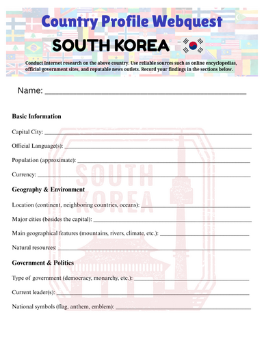 Country Profiles: South Korea Webquest Worksheet