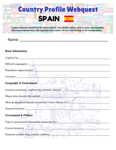 Country Profiles: Spain Webquest Worksheet