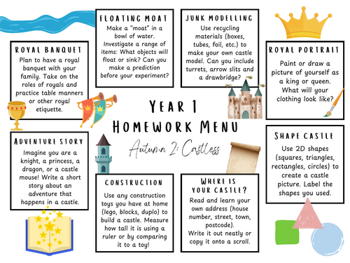 Year 1 Homework Menu - Castles