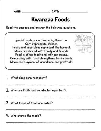 Kwanzaa Reading Comprehension Passages Questions Worksheets