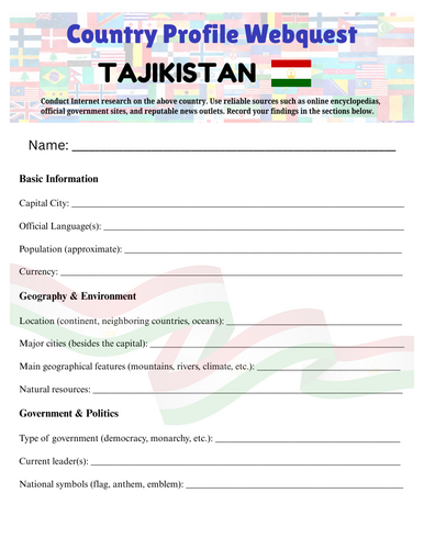 Country Profiles: Tajikistan Webquest Worksheet