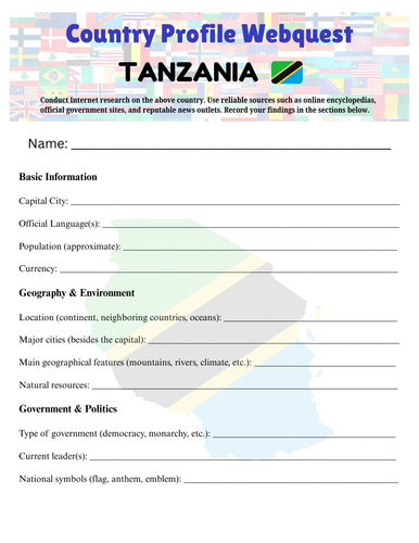 Country Profiles: Tanzania Webquest Worksheet