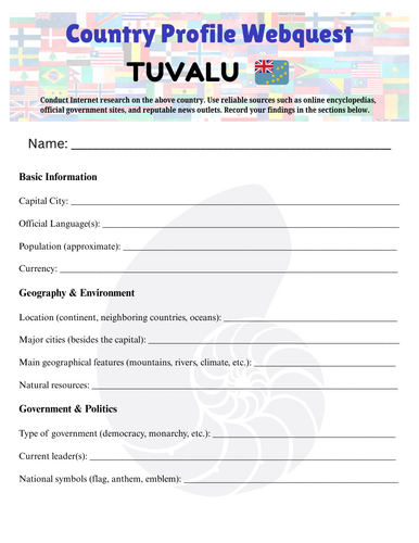Country Profiles: Tuvalu Webquest Worksheet