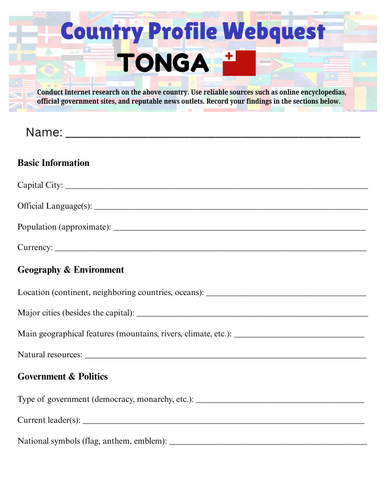 Country Profiles: Tonga Webquest Worksheet