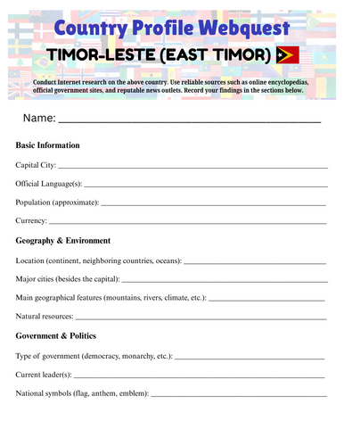 Country Profiles: Timor-Leste (East Timor) Webquest Worksheet